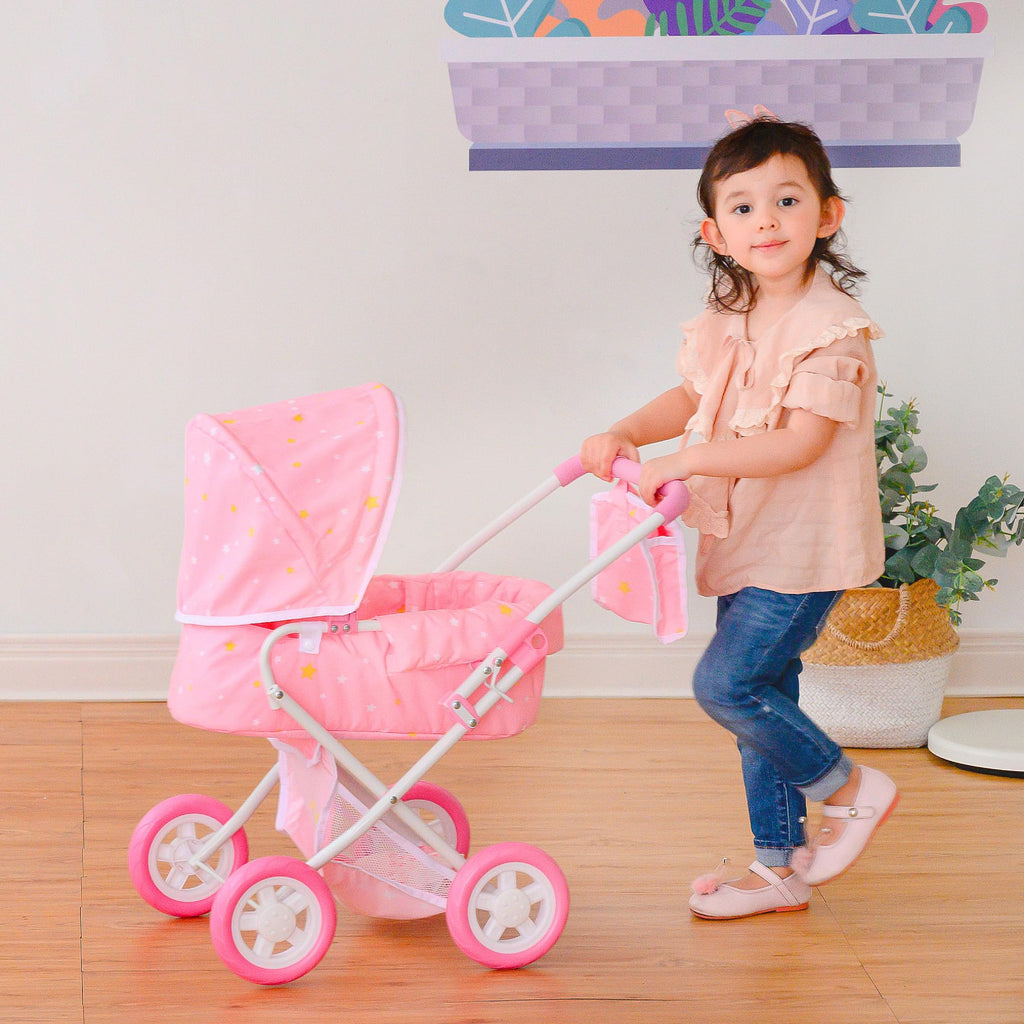 Olivia's Little World - Play Baby Doll Bassinet Stroller, Baby Doll Pram Stroller Buggy for 3 4 5 Year Old Girls, Toy Stroller for Toddlers 1-3, Twinkle Stars Princess Deluxe Toy Stroller - Pink/White