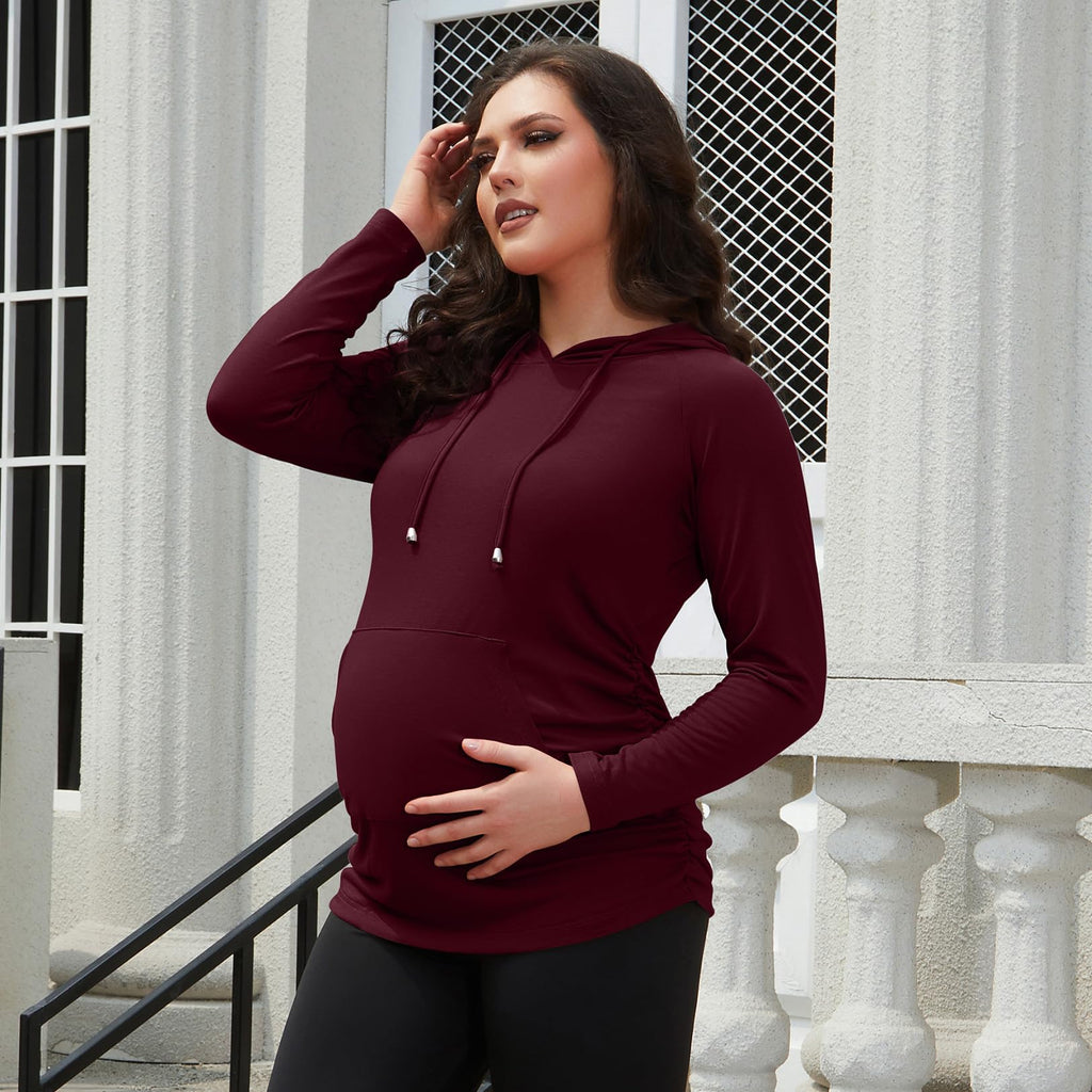 GINKANA Maternity Hoodie Sweatshirt Long Sleeve Basic Top Ruch Sides for Pregnant Women,Burgundy Red,Small