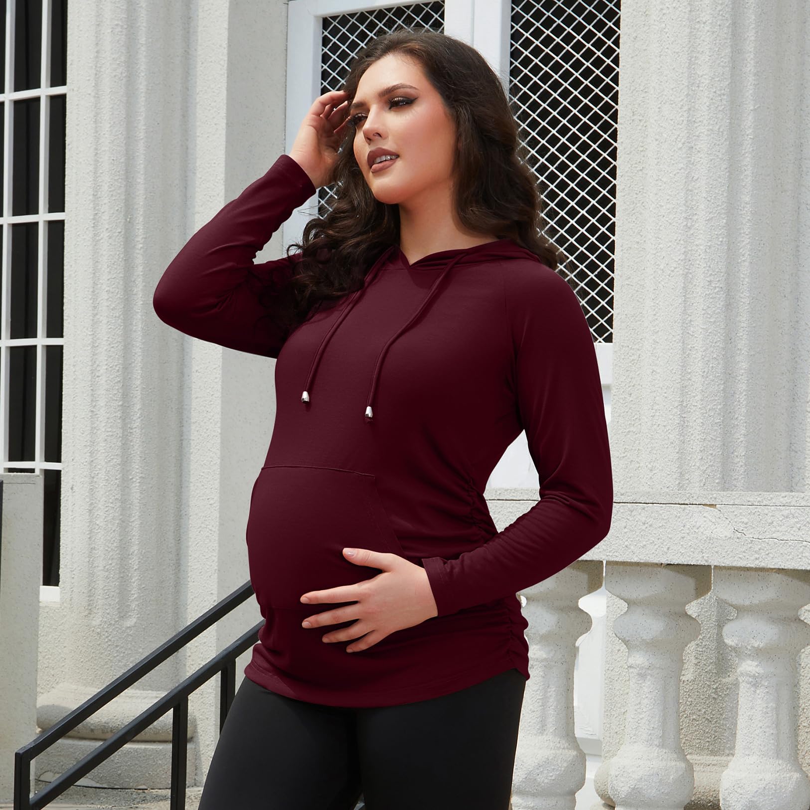 GINKANA Maternity Hoodie Sweatshirt Long Sleeve Basic Top Ruch Sides for Pregnant Women,Burgundy Red,Small