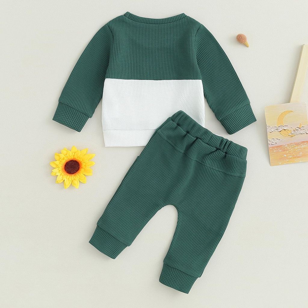 GGBNOMER Toddler Baby Boy Fall Clothes Waffle Contrast Color Sweatshirt Pants Sets Infant Winter Outfits 6 12 18 24 Months (Dark Green, 2-3T)