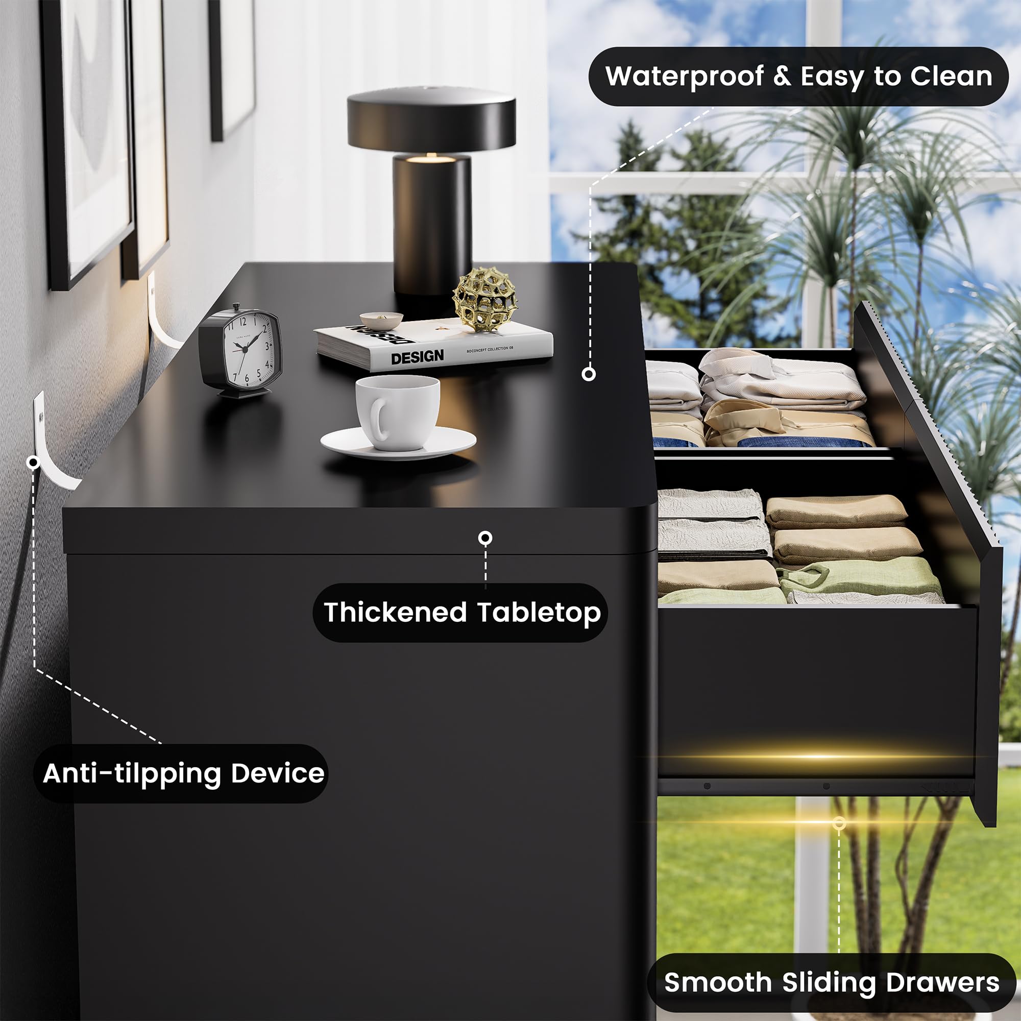 Standifurno Black Dresser for Bedroom, 8 Drawers Double Fluted Dressers, Modern Chest of Drawers with Curved Profile, Handleless, Storage Closet Dressers for Bedroom, Living Room, Entryways