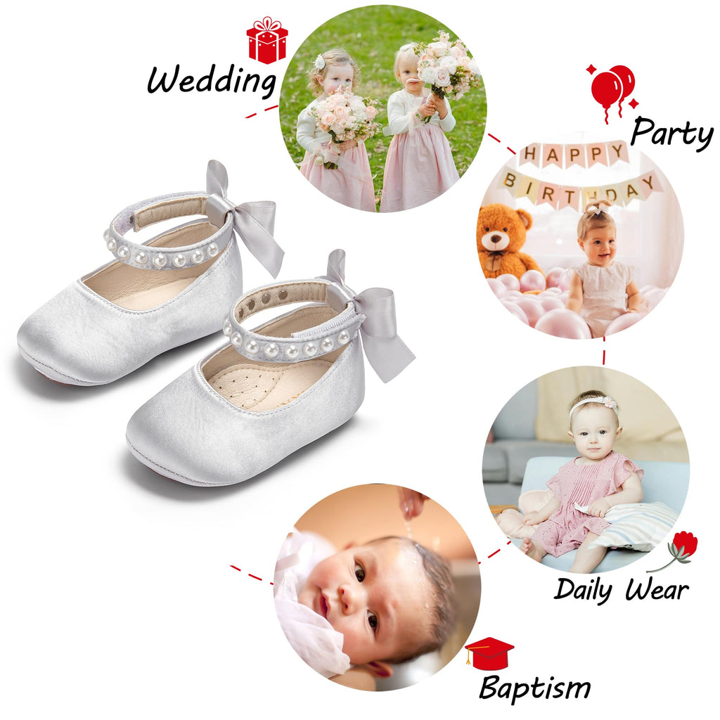 PHIRAMIN Baby Girls Silver Grey Mary Jane Flats - Infant 12-18 Months Walking Shoes Soft Rubber Sole Princess Wedding