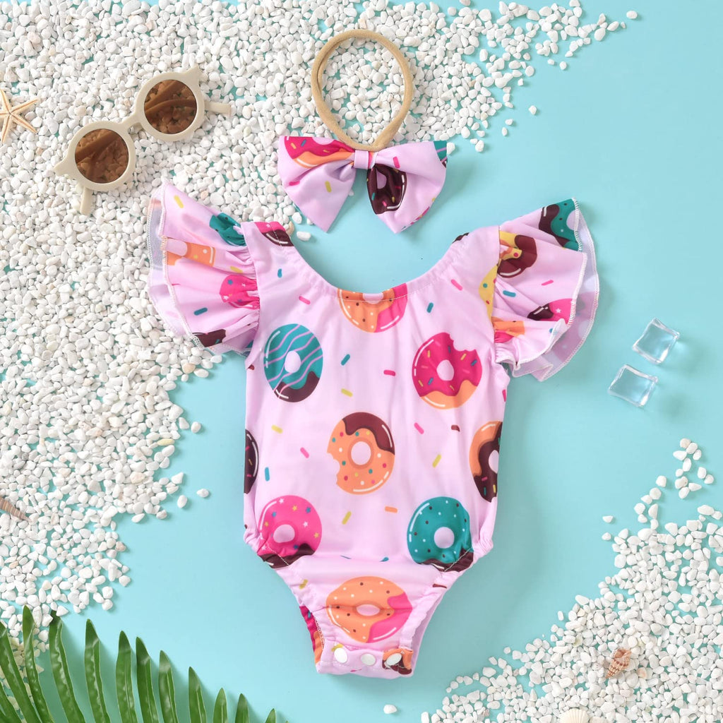 12-18 Months Infant Swimsuit Girl Baby Donut Swimsuit One Piece Ruffles Swimwear Bathing Set Pink