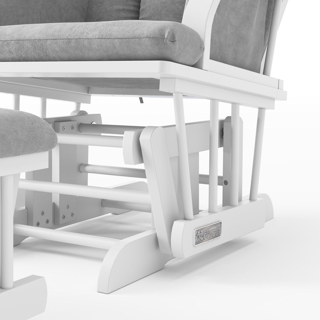 Child Craft Cozy Glider Rocker and Ottoman Set, Smooth Quiet Gliding Motion, Padded Cushion with Convenient Storage Pockets, Solid Wood Base & Frame (Matte White with Light Gray Cushion)