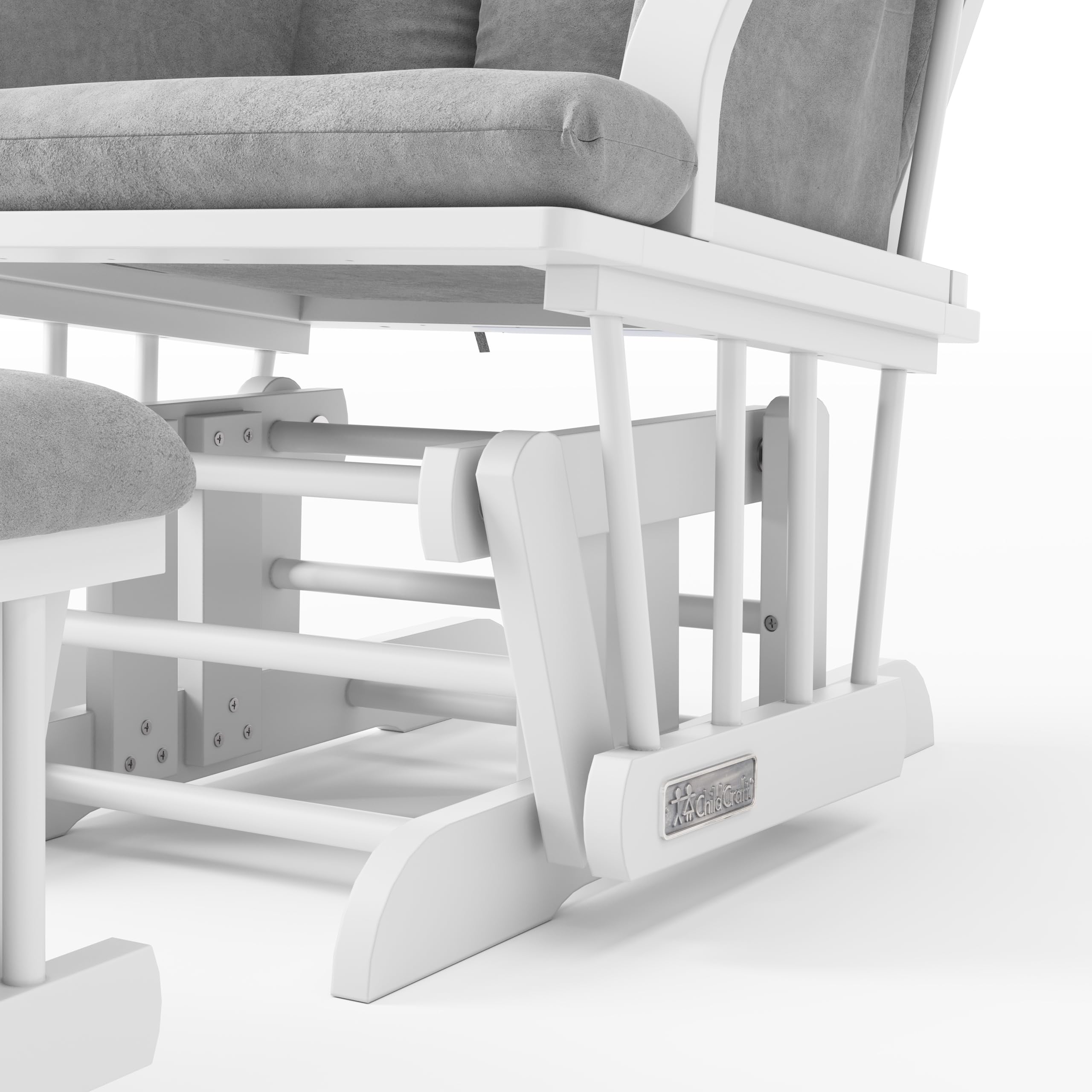 Child Craft Cozy Glider Rocker and Ottoman Set, Smooth Quiet Gliding Motion, Padded Cushion with Convenient Storage Pockets, Solid Wood Base & Frame (Matte White with Light Gray Cushion)