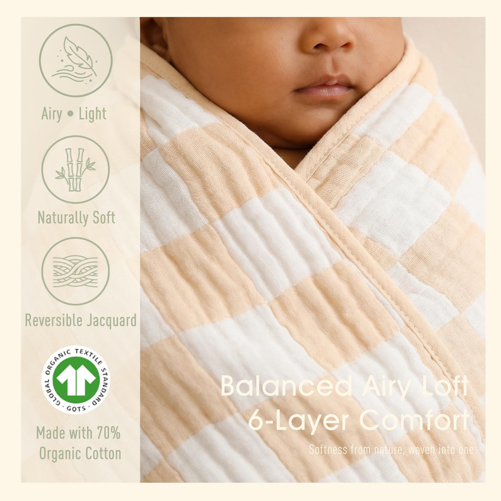 HardNok Ultra Soft Muslin Baby Blanket, Organic Cotton Blend (Beige Check)