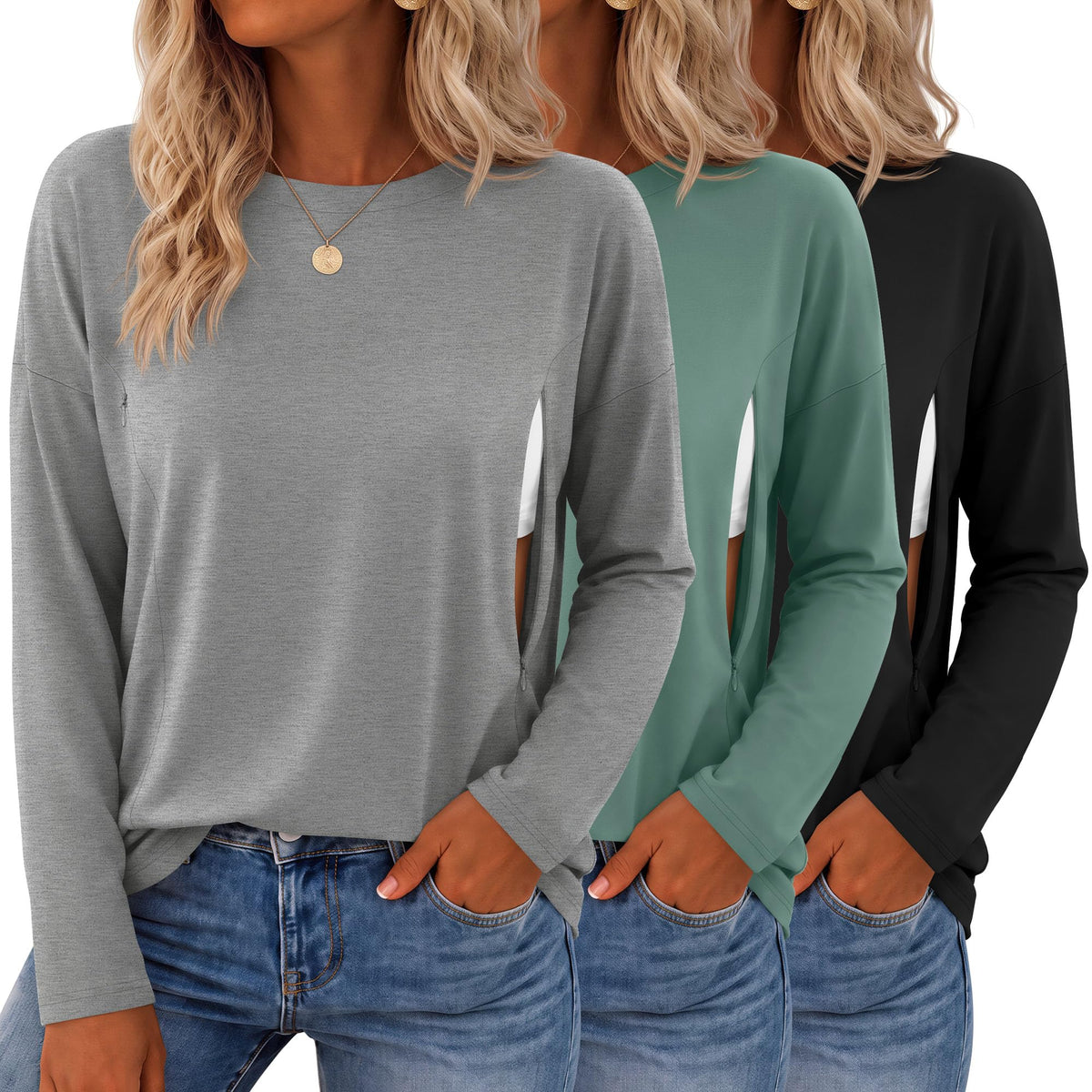Sweetyweee 3 Pack Nursing Breastfeeding Tops, 3-Color, Medium
