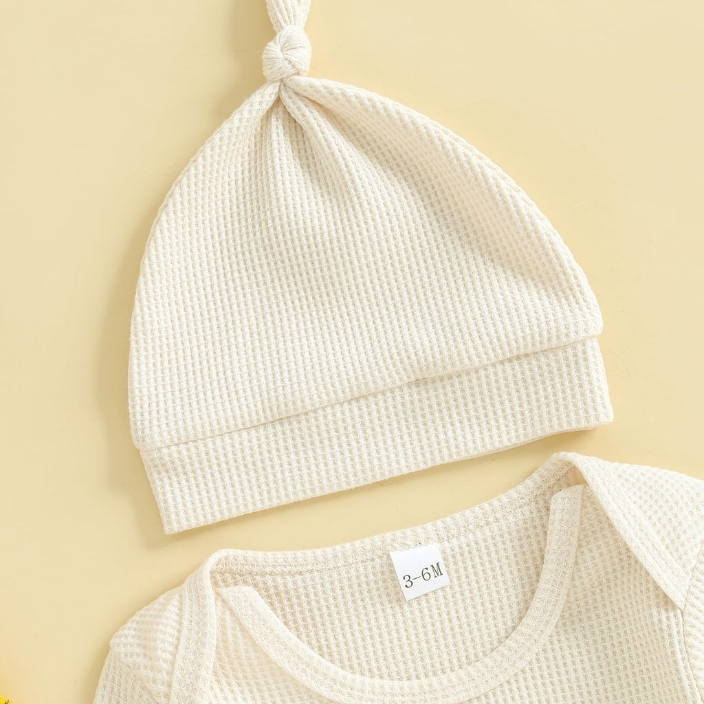 Doqcey Newborn Infant Baby Boy Halloween Outfit Little Pumpkin Embroidery Romper Waffle Knit Long Sleeve Jumpsuit with Hat (Apricot mama's pumpkin, 6-12 Months)