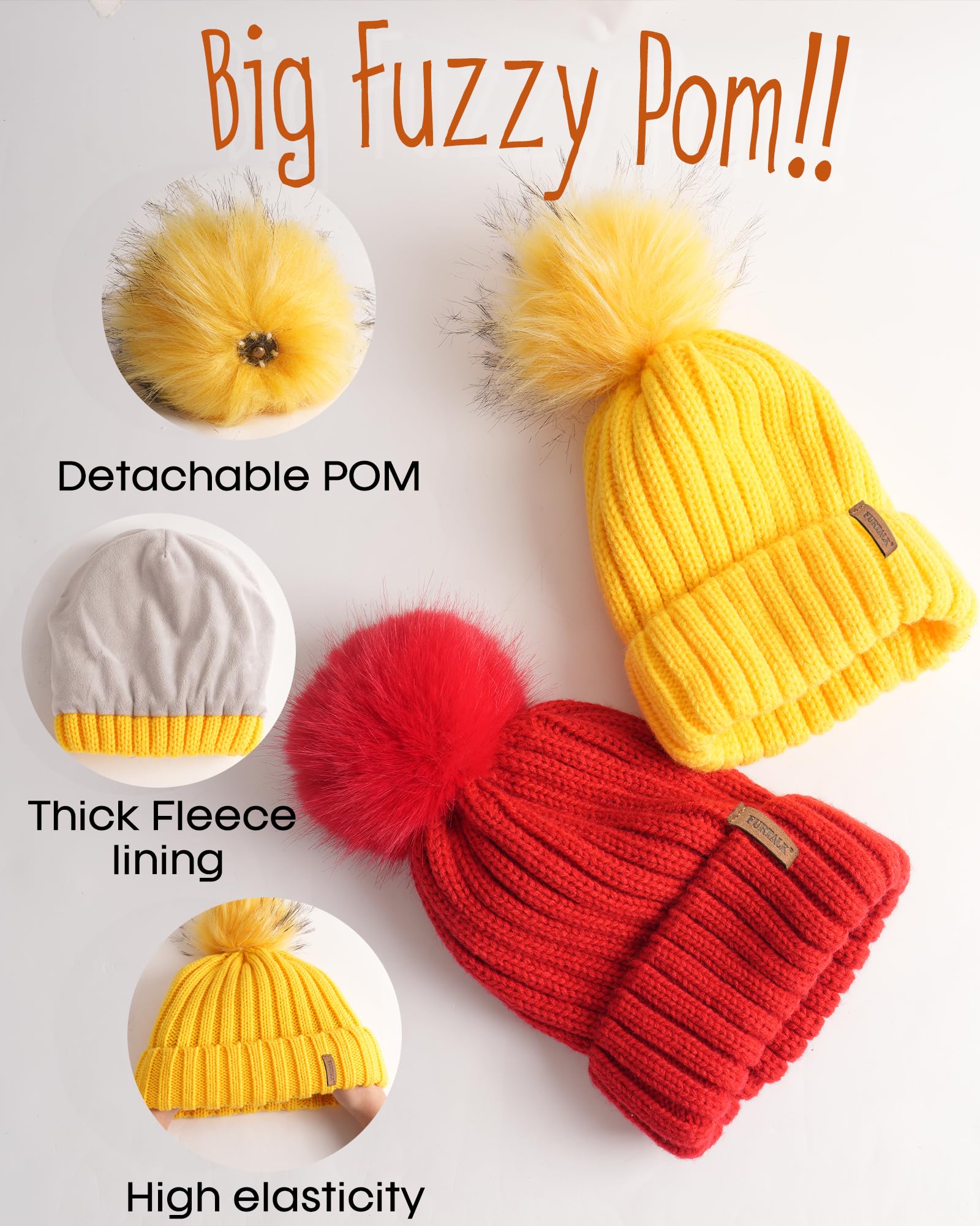 FURTALK Kids Winter Hat Toddler Knitted Beanie with Faux Fur Pom Poms for Baby Girls Boys Yellow,2-8 Years