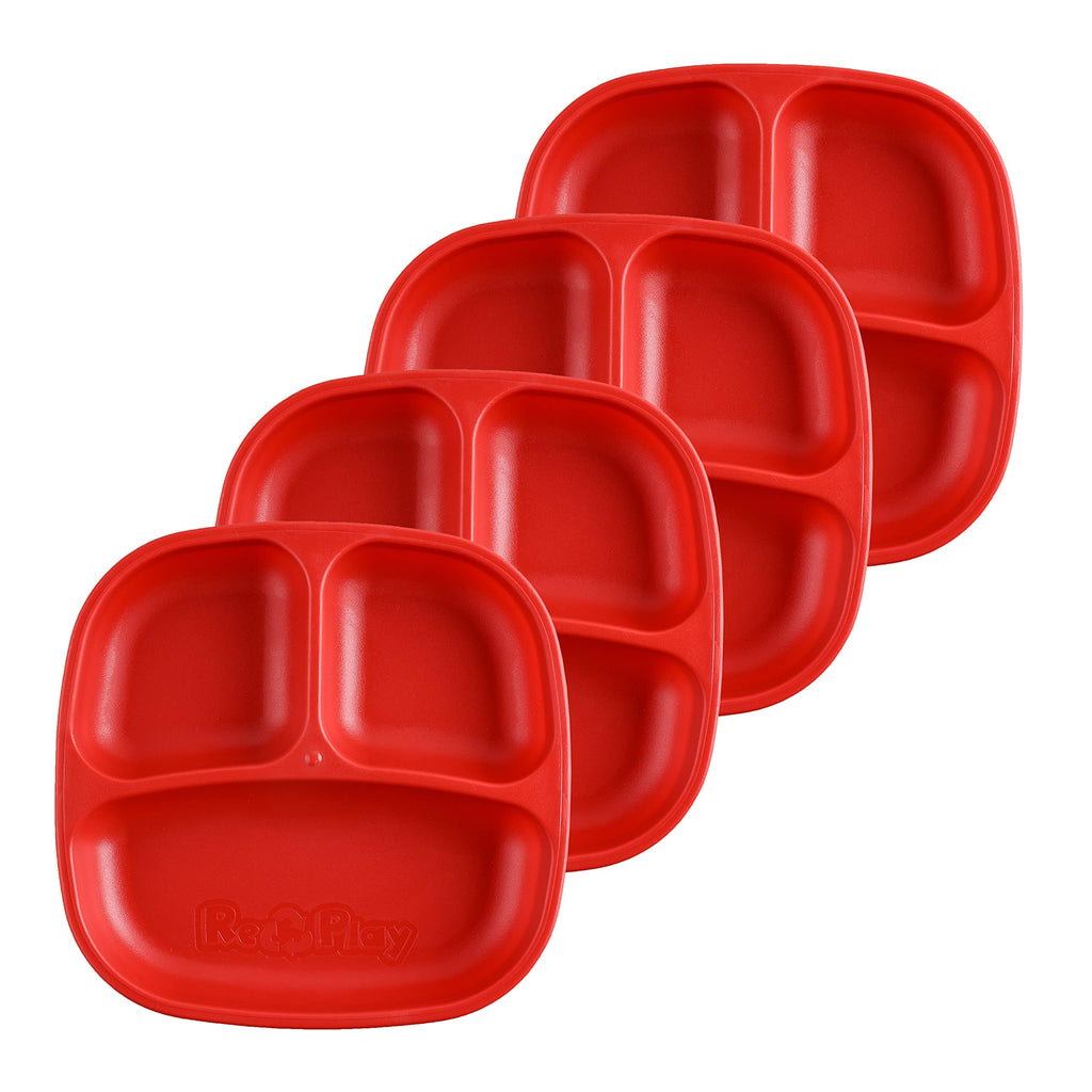 Re-Play Divided Toddler Plates Set of 4 - Deep-Walled 3 Compartment Kids Plates for Picky Eaters - Dishwasher & Microwave Safe - BPA-Free - Made in USA, Red