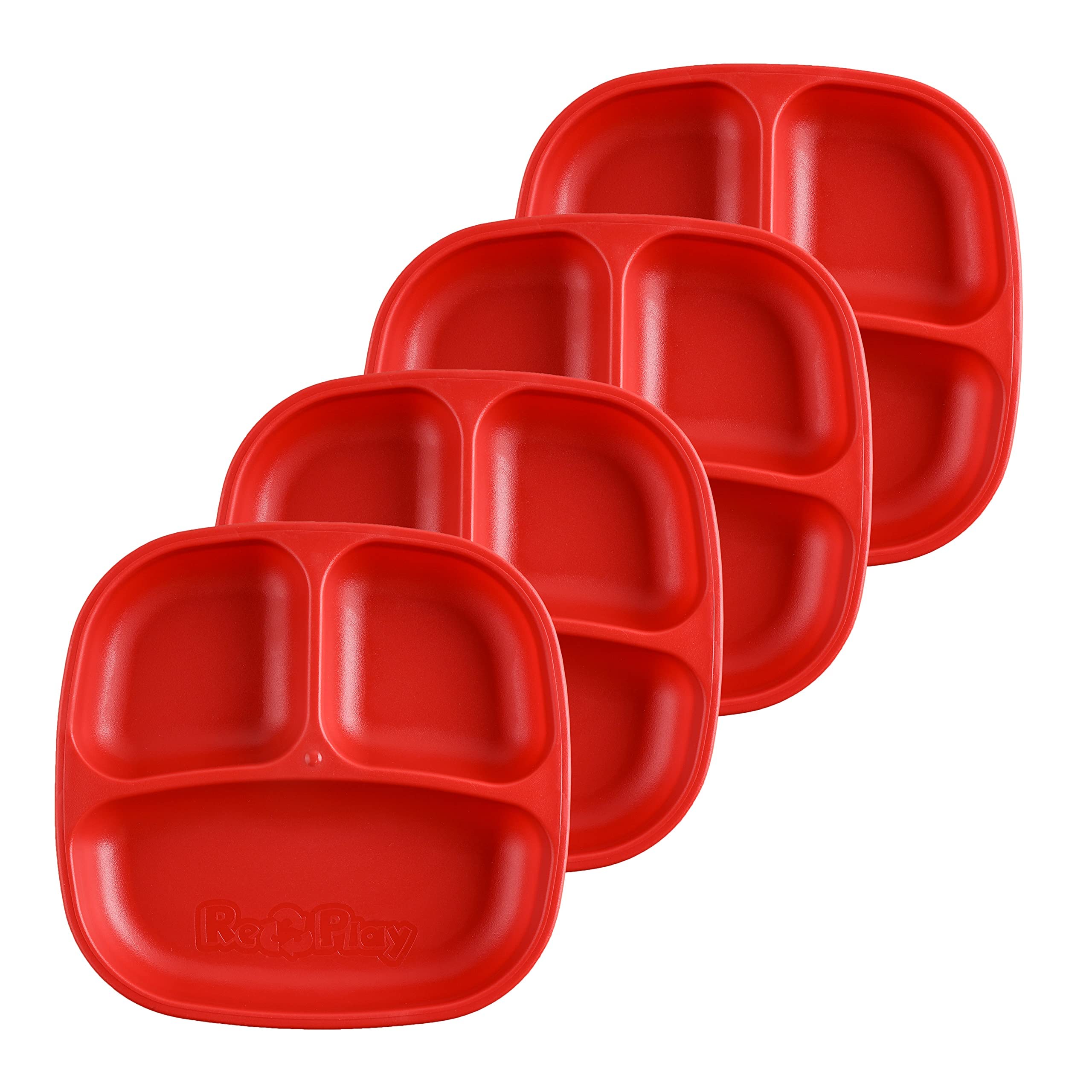 Re-Play Divided Toddler Plates Set of 4 - Deep-Walled 3 Compartment Kids Plates for Picky Eaters - Dishwasher & Microwave Safe - BPA-Free - Made in USA, Red