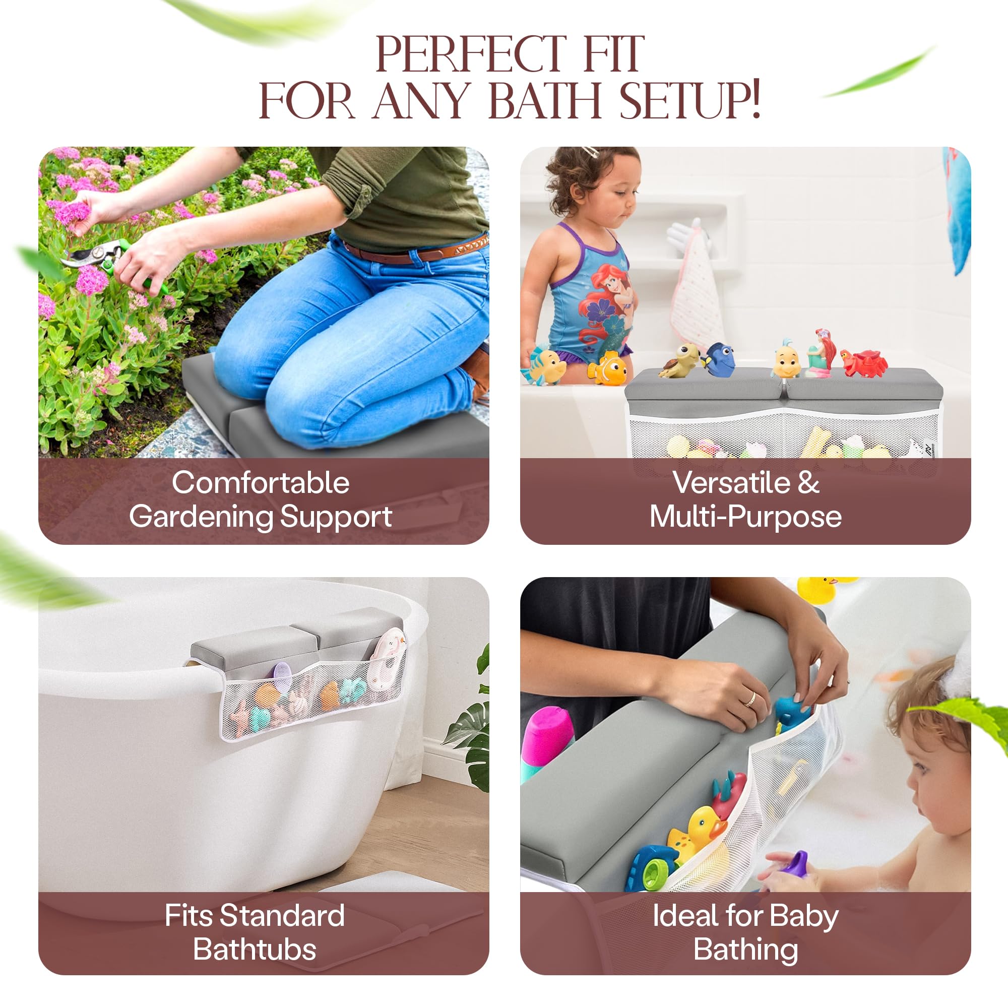 Mohmoud Comfortable Baby Bath Kneeler and Elbow Rest Pad Set — Kneeling Pad for Bathing Baby, Relieves Knee and Elbow Pain, Non-Slip Bathtub Kneeling Pad with Toy Organizer, Bonus Brush and Washcloth