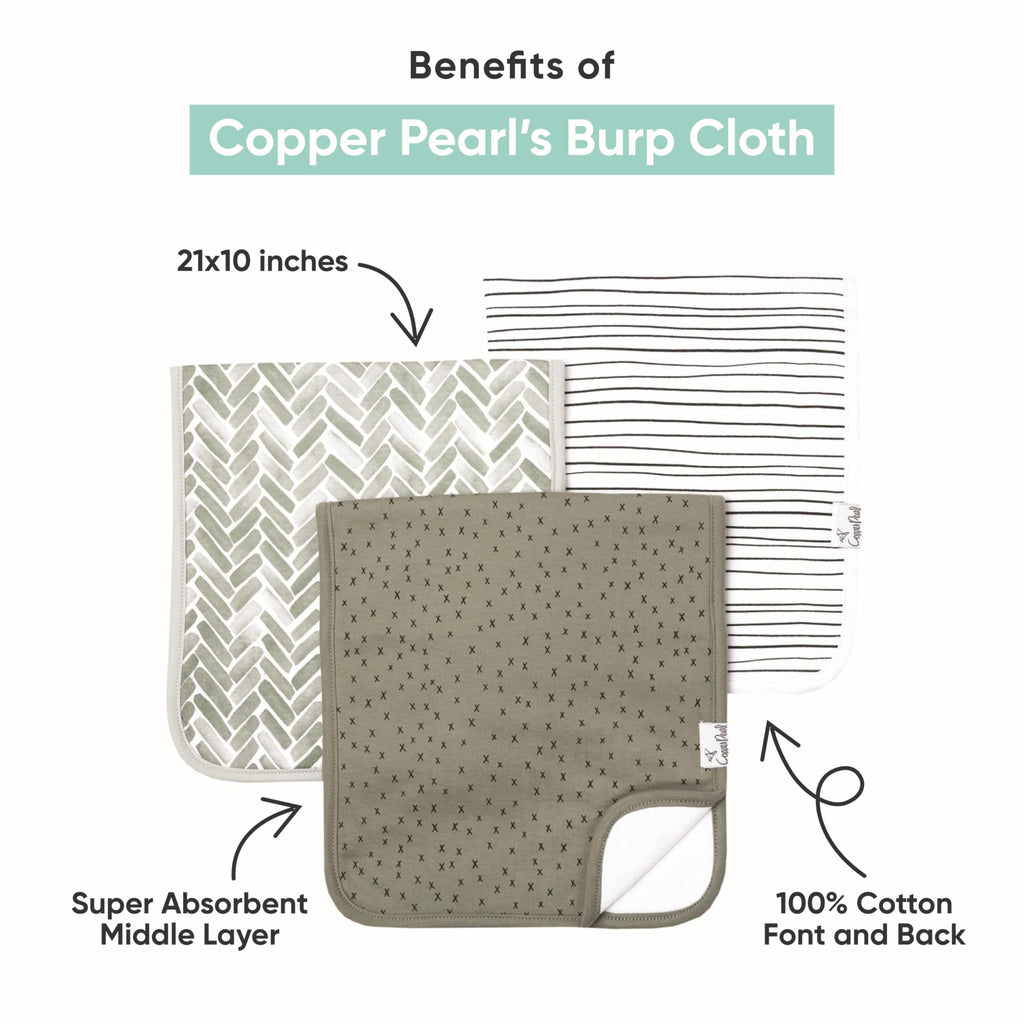 Copper Pearl Premium Baby Burp Cloths - 3-Pack Large Cotton Burp Cloths, Extra Soft Spit Up Rags with 3 Absorbent Layers, Perfect for Baby Boy and Baby Girl Gifts (21" x 10" Size, Blitz Set)