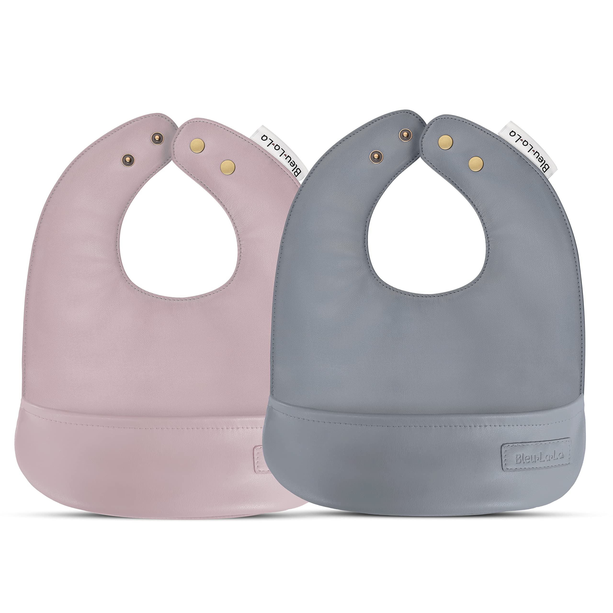 Bleu La La Vegan Leather Easy Clean Baby Bibs with Pocket and Snaps for Infants 0-12 Months (Muave + Grey)