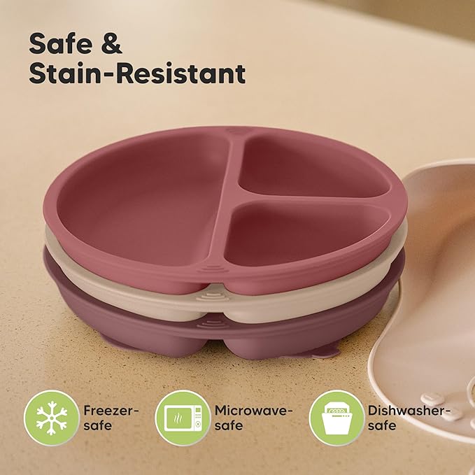 KeaBabies Suction Plates for Baby, Toddler - 3-Pack 100% Silicone Toddler Plates with Suction, Divided, BPA-Free Baby Led Weaning Essentials for Kids, Dishwasher, Microwave Safe, Durable (Burgundy)