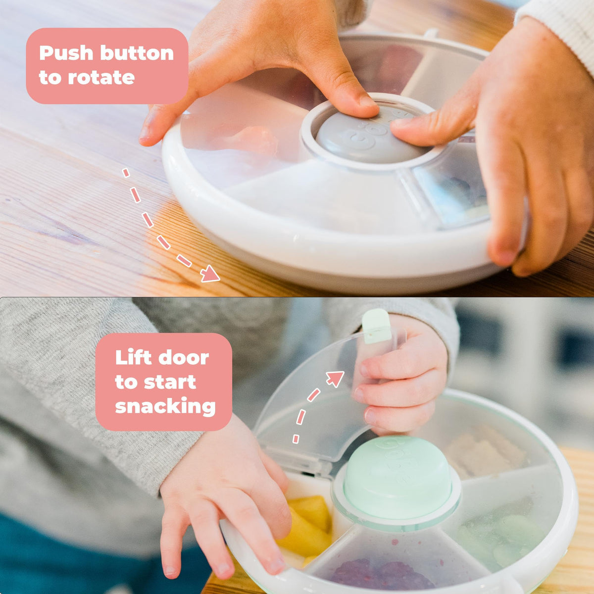 GoBe Kids Small Snack Spinner Slide Bundle with Hand Strap and Sticker Sheet - Reusable Snack Container with 5 Compartment Dispenser and Lid | BPA/PVC Free | Dishwasher Safe | No Spill - Coral Pink