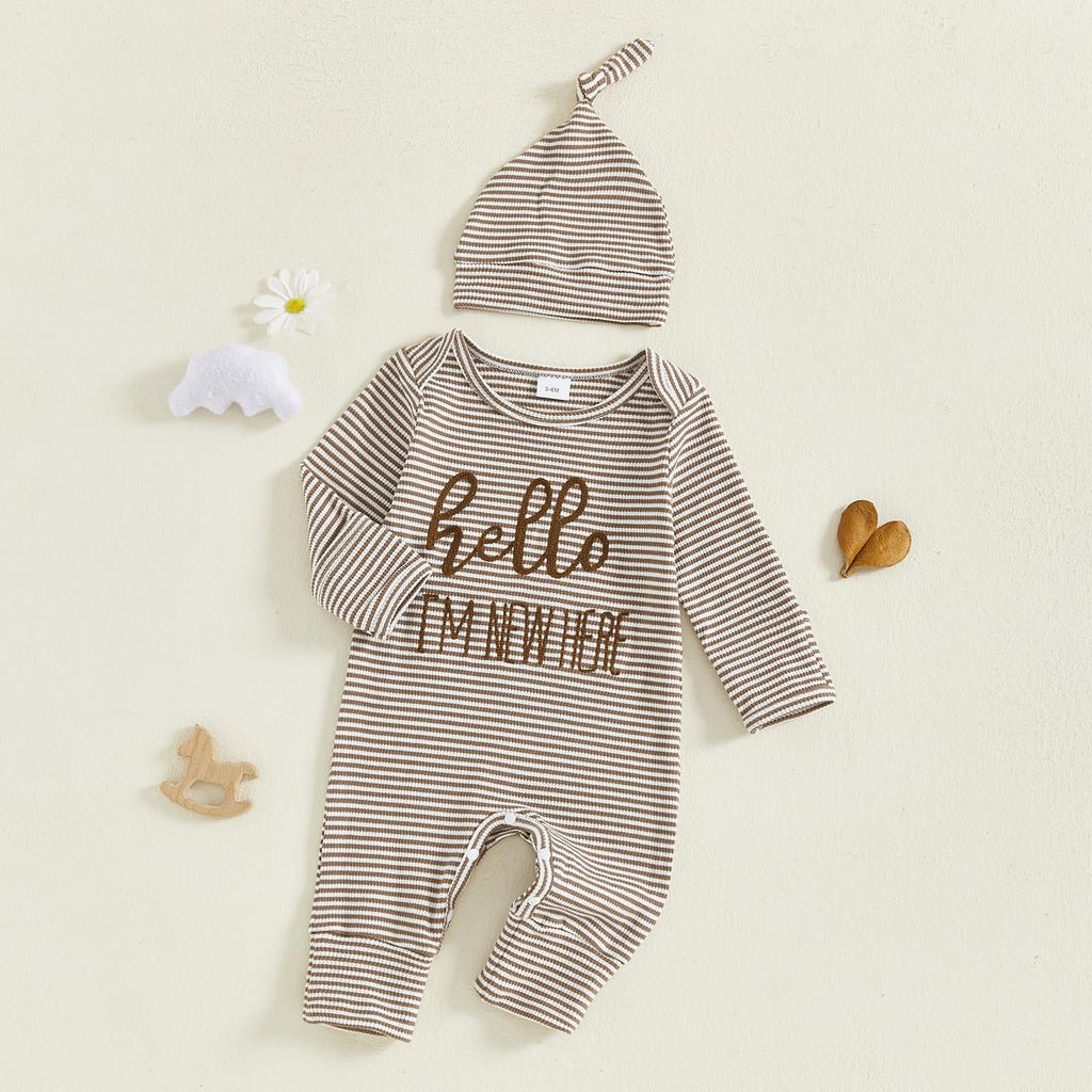 Fernvia Newborn Baby Boy Clothes Letters Print Bodysuit 3 6 9 12 18 Months Long Sleeve Jumpsuit with Hat 2PCS Outfits Set (D Khaki, Newborn)