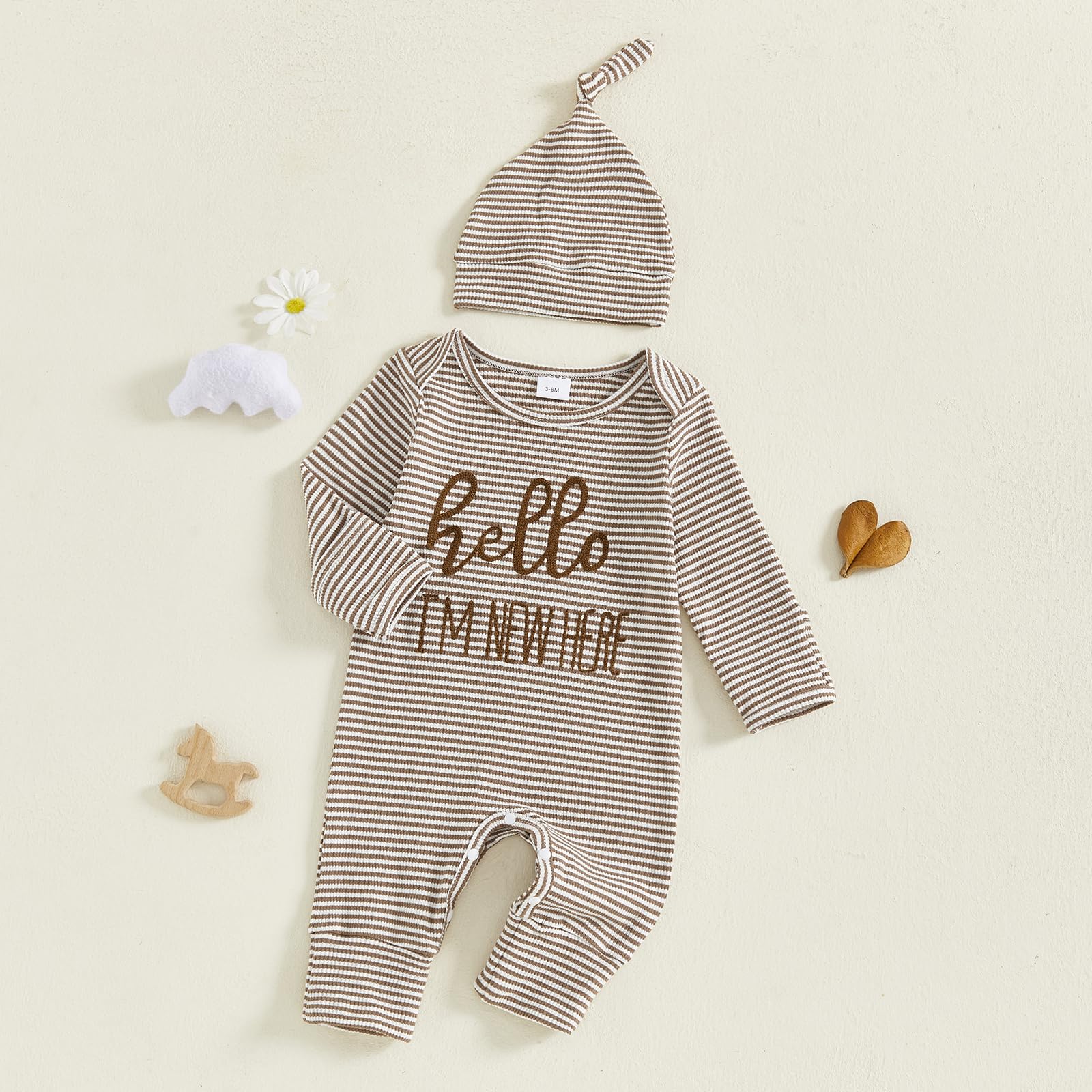 Fernvia Newborn Baby Boy Clothes Letters Print Bodysuit 3 6 9 12 18 Months Long Sleeve Jumpsuit with Hat 2PCS Outfits Set (D Khaki, Newborn)