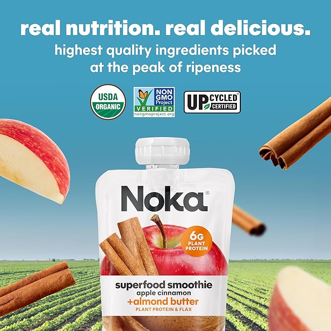 Noka Superfood Fruit Smoothie Pouches, Organic Applesauce Pouches with Apple, Cinnamon & Almond Butter, Healthy Snacks with Organic Fruits, Plant Protein, Fiber & Flax Seed, 4.22 oz (Pack of 12)