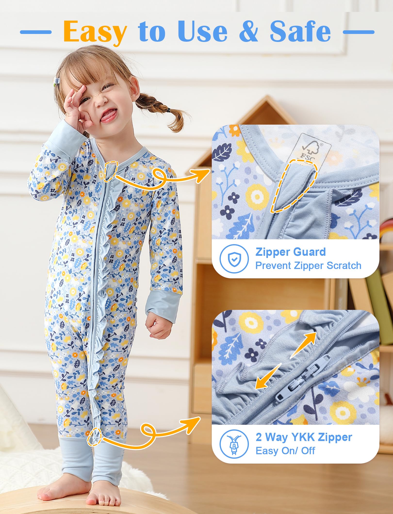 JunNeng Baby Girl Viscose from Bamboo Sleeper Pajamas with Mitten Cuffs 12-18M