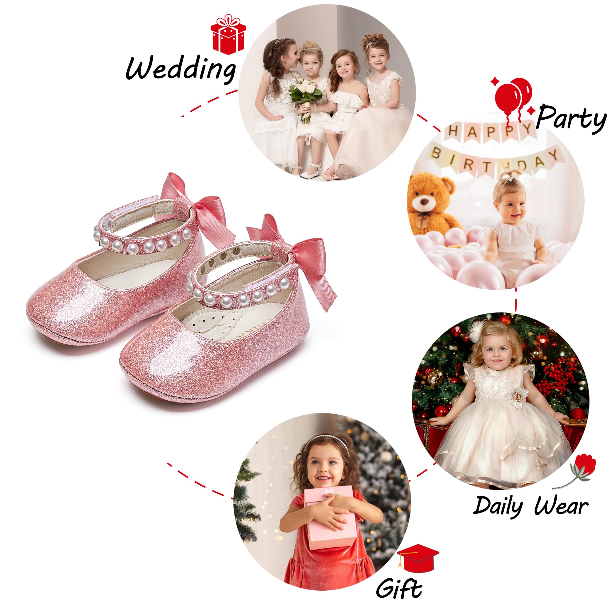 PHIRAMIN Baby Girls Glitter Pink Mary Jane Flats - Infant 18-24 Months Walking Shoes Soft Rubber Sole Princess Wedding