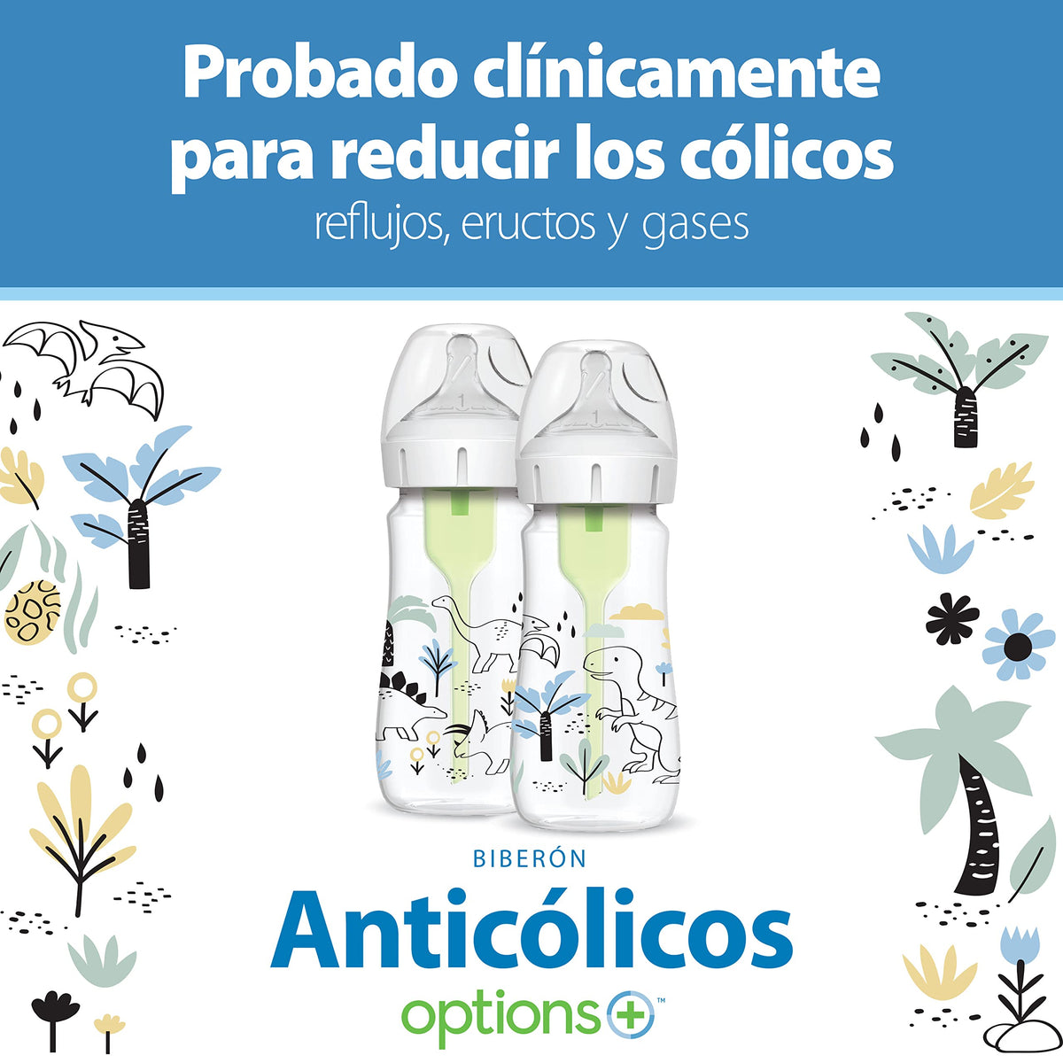 Dr. Brown's Anti-Colic Options+ Wide-Neck Baby Bottles, Dinos, 2-Pack