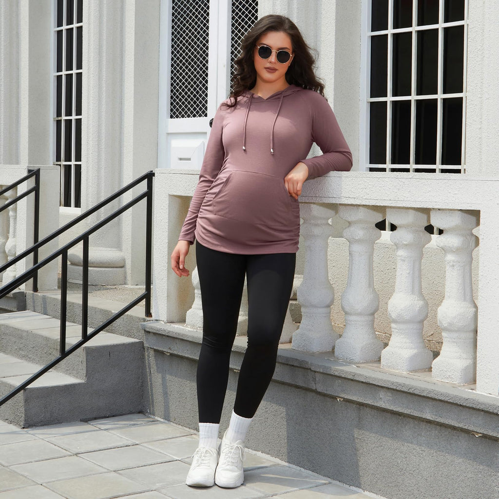 GINKANA Maternity Casual Hoodie Long Sleeve Tops with Pocket Drawstring Maternity Lighthweight Sweatshirt,Mauve,M