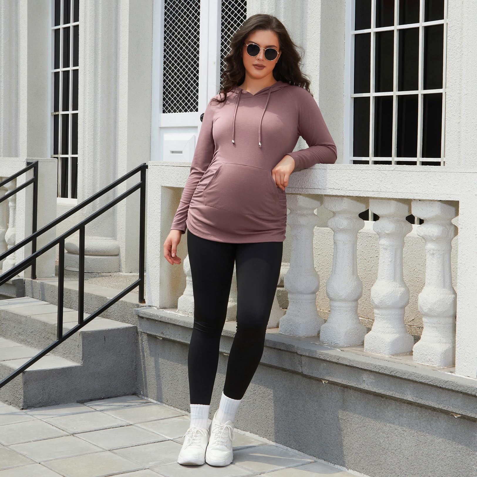 GINKANA Maternity Casual Hoodie Long Sleeve Tops with Pocket Drawstring Maternity Lighthweight Sweatshirt,Mauve,M