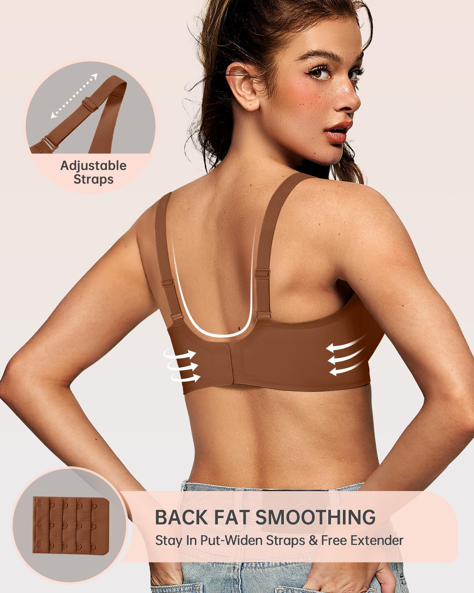 OEAK Womens Deep V Bras Wireless Comfortable Bra Supportive No Underwire Bras Tshirt Push Up Bralettes Plunge Seamless Bra Cinnamon M