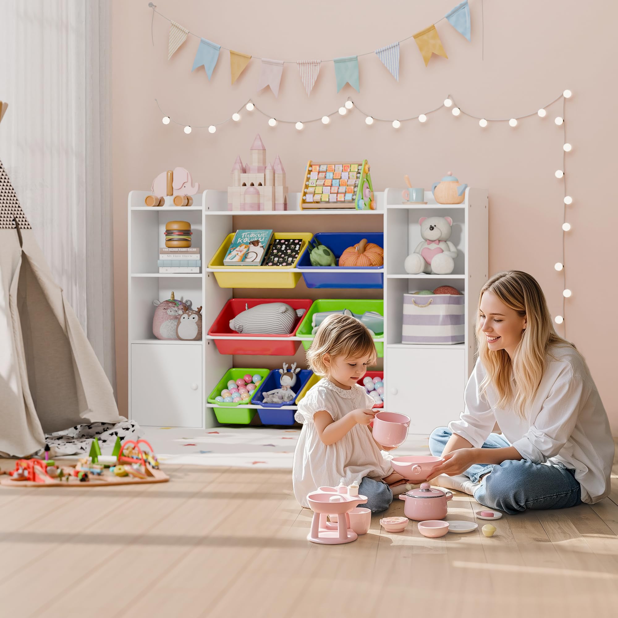 Large Kids Toy Storage Organizer, Toy Organizers and Storage with Bookshelf, Kid Bookshelf and Toy Storage with 6 Storage Cubbies and 8 Storage Bins for Kids' Rooms, Playrooms, and Nurseries