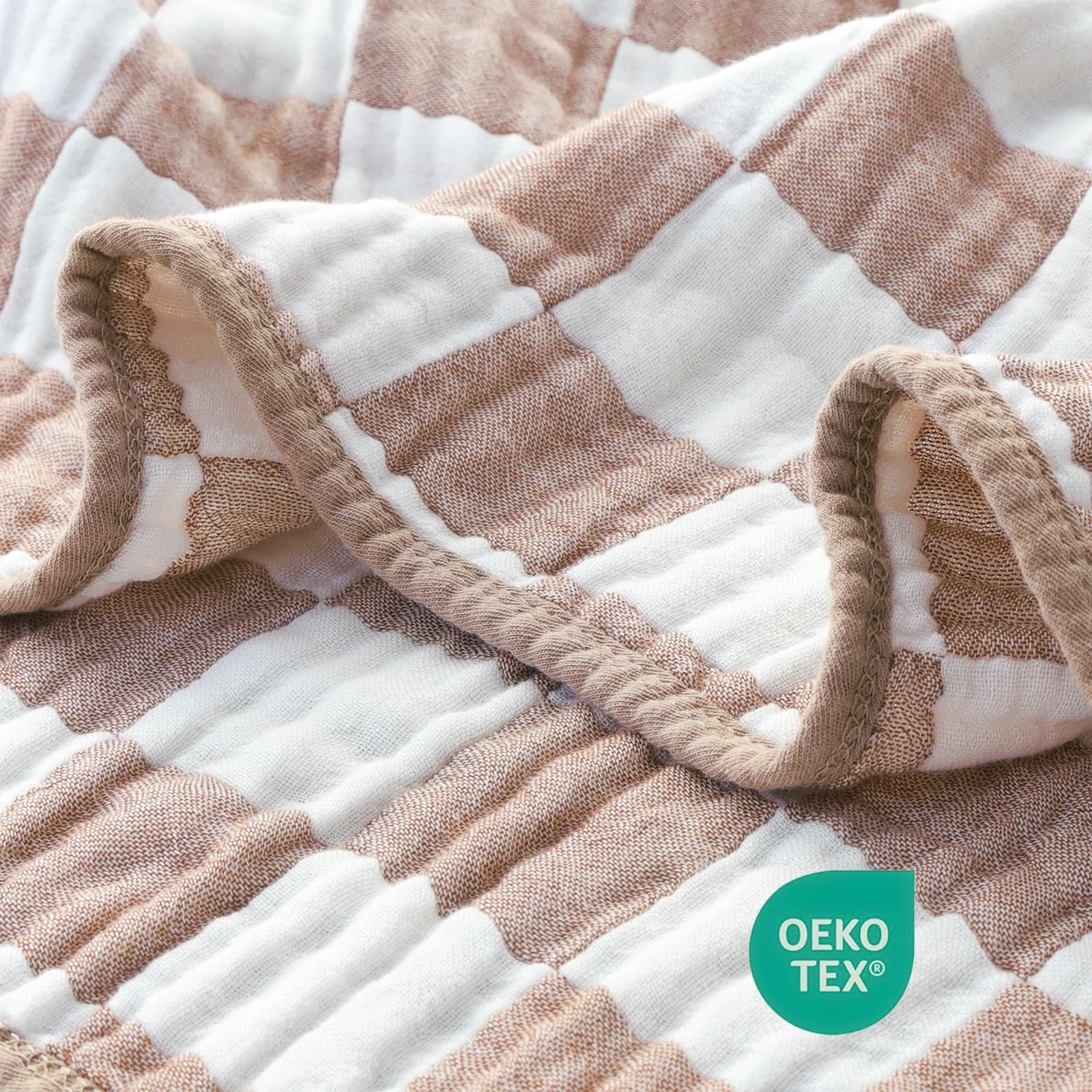 BEILIMU Ultra Soft Muslin Baby Blanket Neutral Versatile 6 Layers Swaddle and Bed Blanket for Babies, Toddlers, Boys or Girls Coffee Checkered 43 x 43 Inches