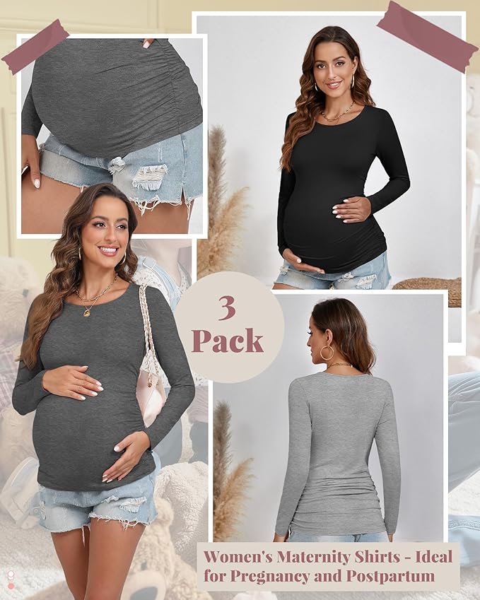 Ficerd 3 Pack Women's Maternity Shirts, Long Sleeve Side Ruched Pregnancy Tee Tops Crew Neck Casual Mama Clothes Basic Tunic