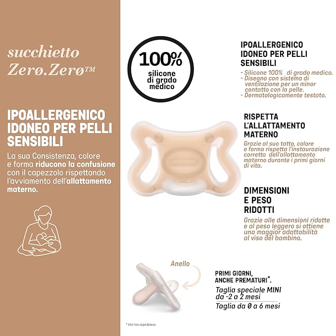 Suavinex Zero Zero Silicone Baby Pacifier w/SX Pro Physiological Pacifier Nipple (0-6M), 2Pk, Medium
