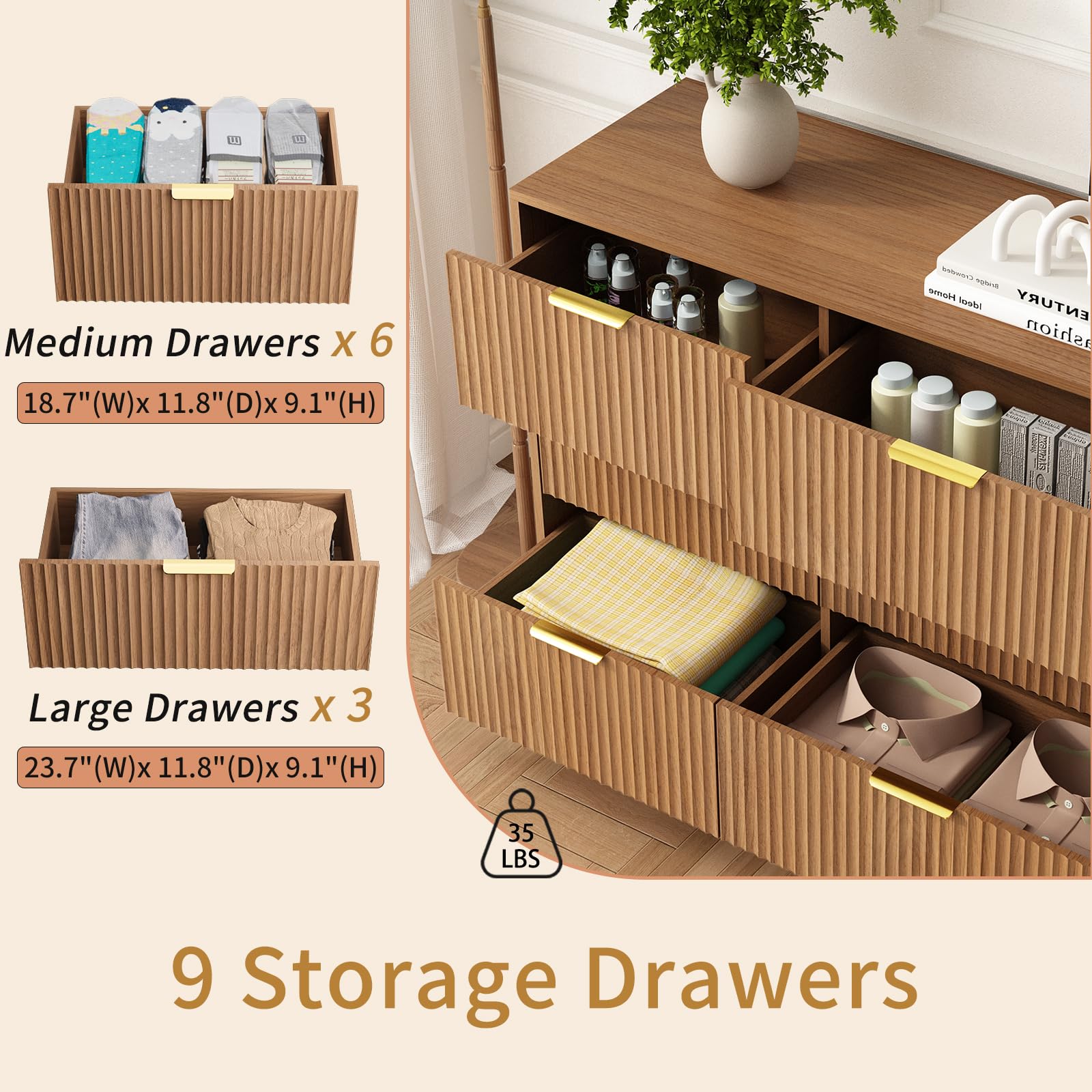 Sscaktu 9 Drawer Fluted Dresser for Bedroom with Deep Drawers, Light Walnut丨63 Wide Wood Dresser, Large Chest of Drawers, Modern Long TV Stand, Storage Cabinet Side Table for Living Room, Hallway