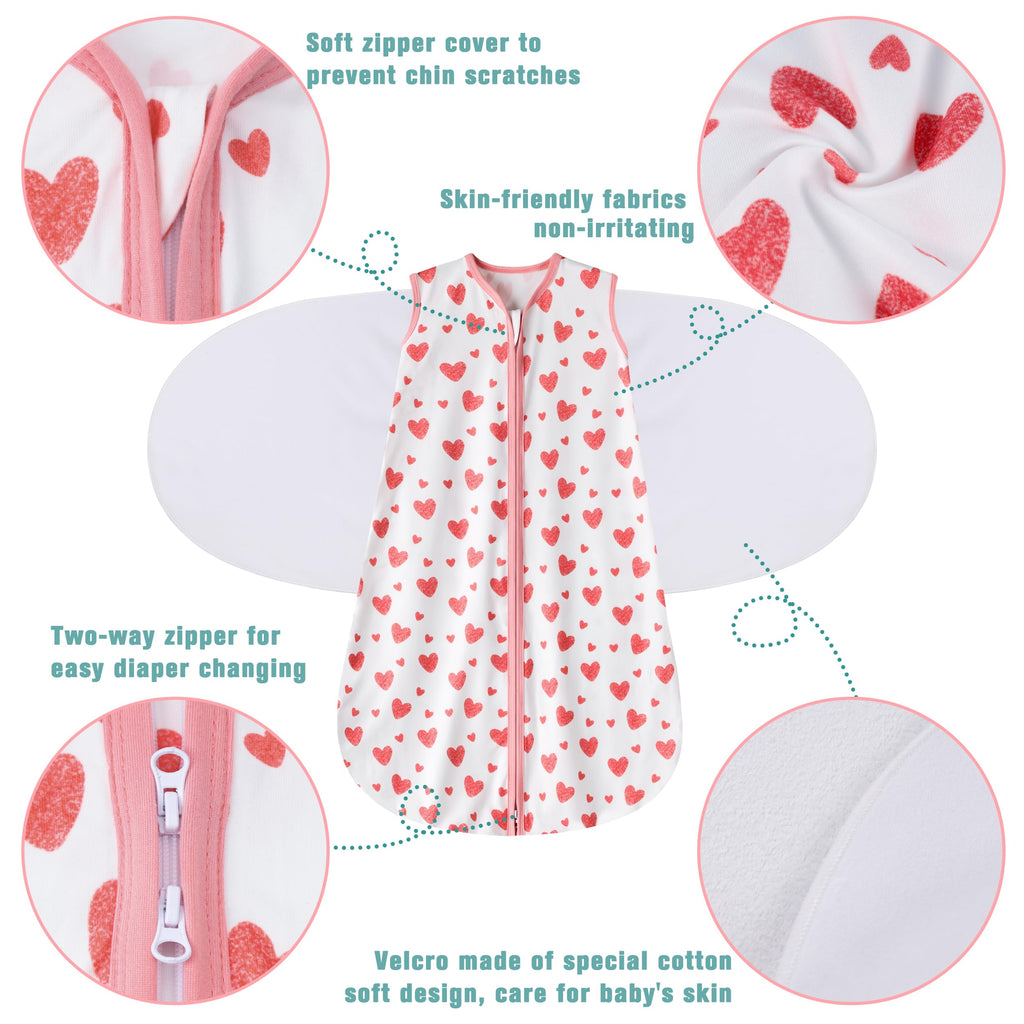 BSTOPPT Newborn Sleep Sack Baby Swaddle,6-12 Months,3-Way Adjustable Wearable Blanket,100% Rayon Cotton Swaddling Sleeping Bag，TOG 0.5（Heart&Floral）