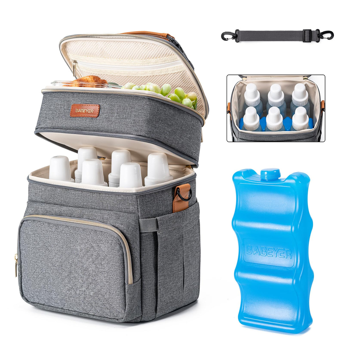 BABEYER Insulated Breastmilk Cooler Bag with Ice Pack - Holds 6x9oz Bottles, Leakproof Double Layer, Baby Bottle Cooler Bag with Adjustable Strap for Nursing Moms, Daycare & Travel