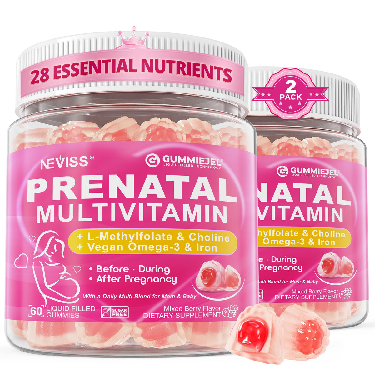 Prenatal Vitamins for Women Gummies w/ Methylfolate 1mg,DHA Iron Choline B6