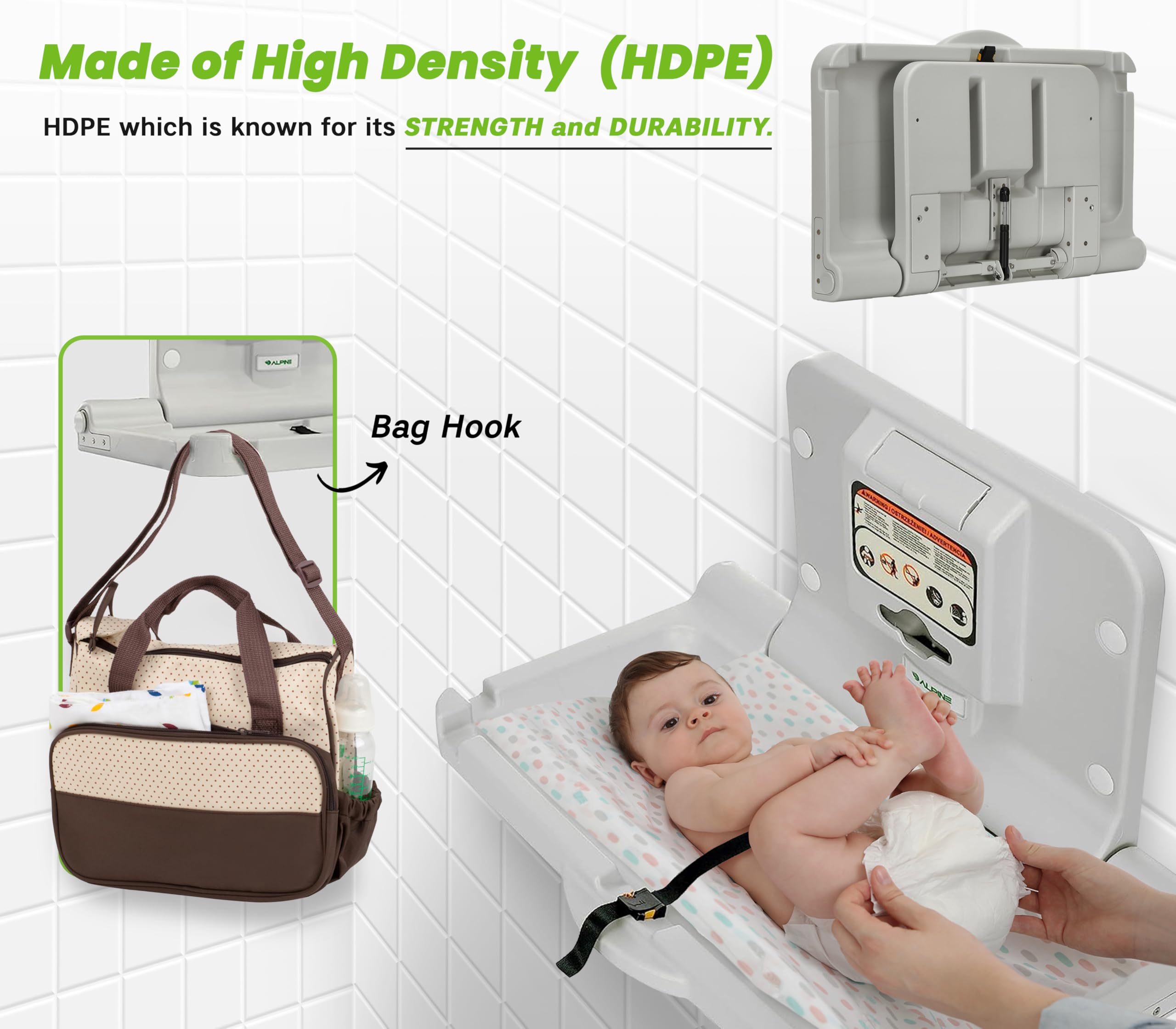 Alpine Wall Mounted Baby Changing Station - Horizontal Baby Changing Table Foldable Diaper Tables with Safety Strap for Commercial Bathroom, ADA Complaint (Hardware Included) White Gray