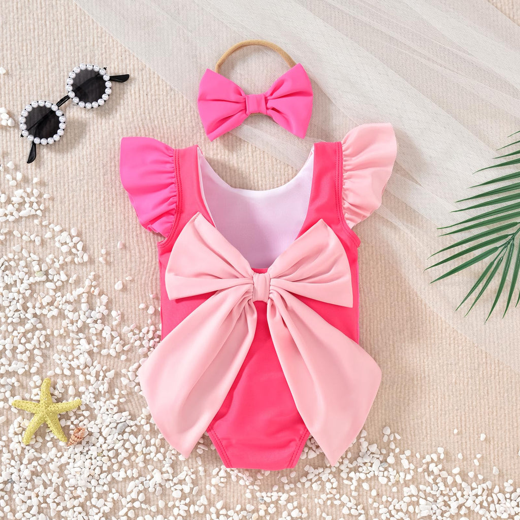 HIHA 6 Months Infant Swimsuit Girls Baby One Piece Swimwear Ruffle Beach Color Block Stripe Bathing Sunsuit Neon Hot Pink 0-6 Months