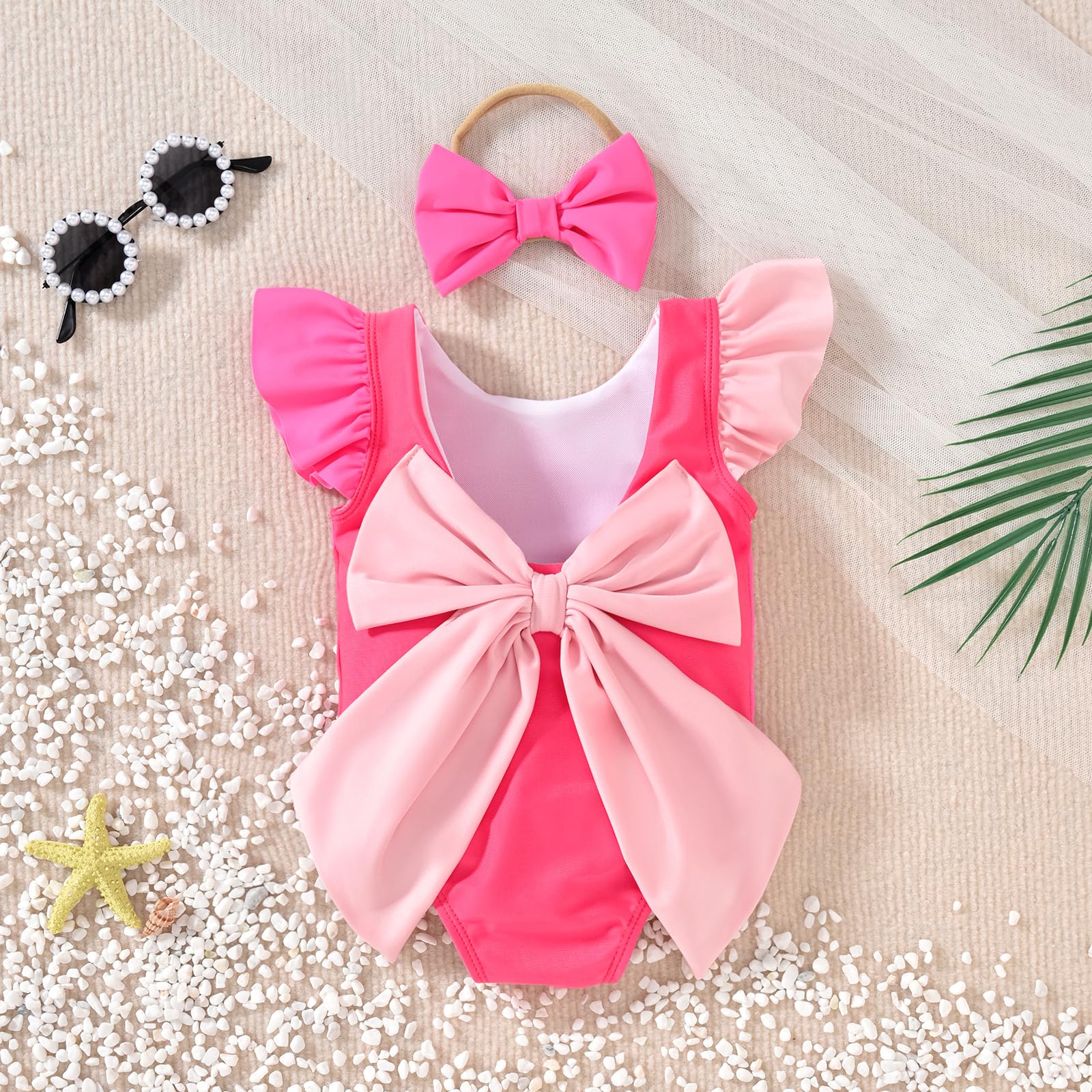 HIHA 3T Toddledr Swimsuit Girls Baby One Piece Swimwear Ruffle Beach Color Block Stripe Bathing Sunsuit Neon Hot Pink 3-4T