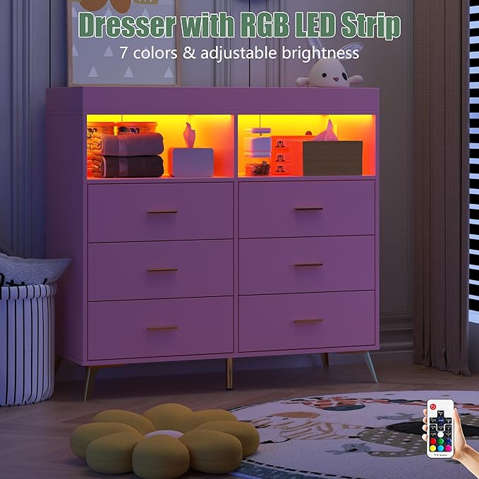 GarveeHome Dresser for Bedroom with 6 Drawers, Baby Changing Table Dresser with Changing Pad, LED Lights & Charging Station, Baby Changing Station with Changing Table Top (Pink)