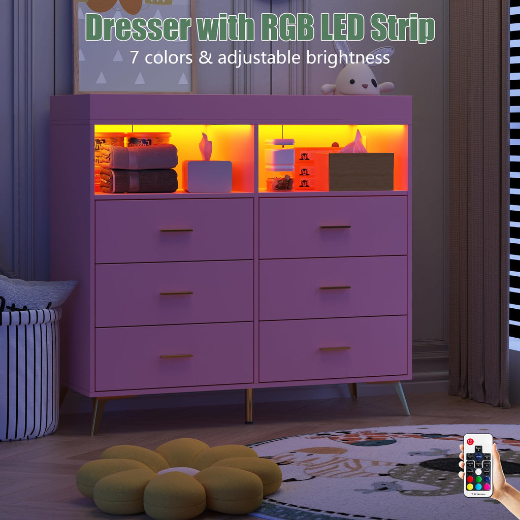 GarveeHome Dresser for Bedroom with 6 Drawers, Baby Changing Table Dresser with Changing Pad, LED Lights & Charging Station, Baby Changing Station with Changing Table Top (Pink)