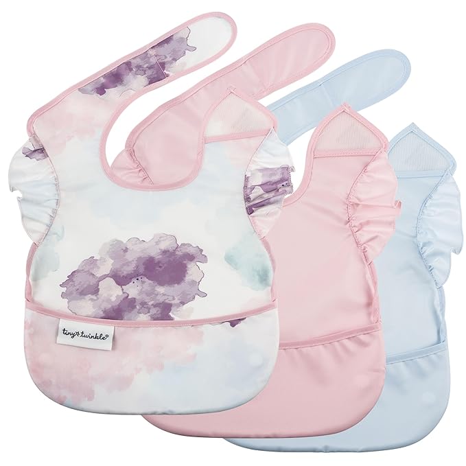 Tiny Twinkle Mess Proof Baby Bibs for Eating – Waterproof, Wipeable Toddler Bibs with Pocket – Baby Food Bibs for Girls & Boys(3 Pack,Cotton Candy)