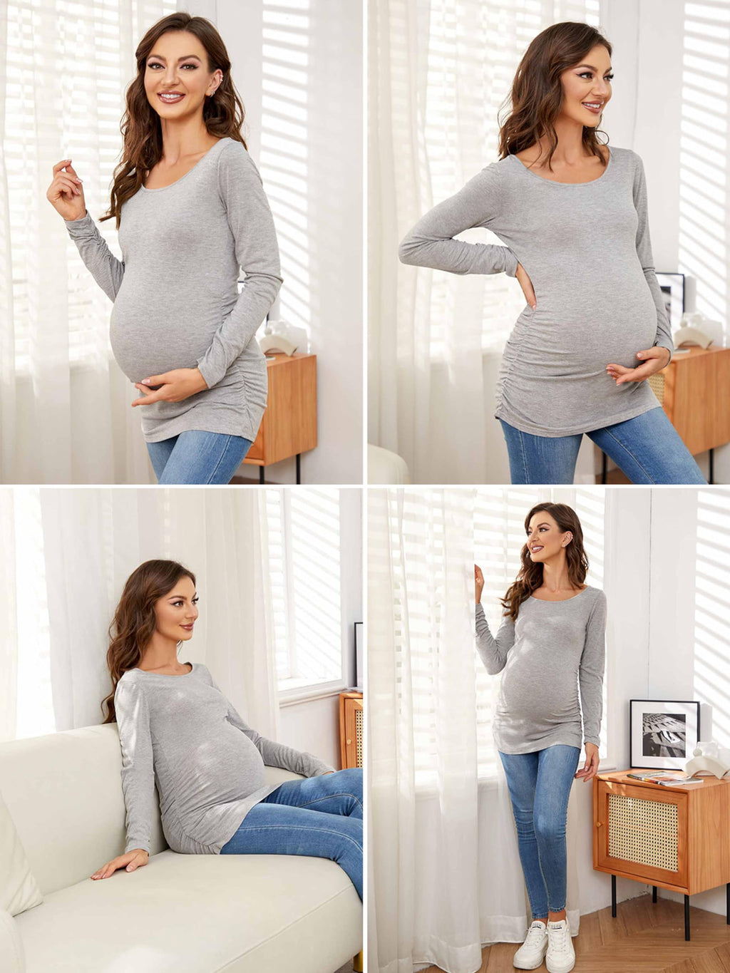 Ecavus Women's 3-Pack Maternity Shirts Long Sleeve Soft Stretchy Pregnancy Tops Side Ruched Casual Mama Clothes