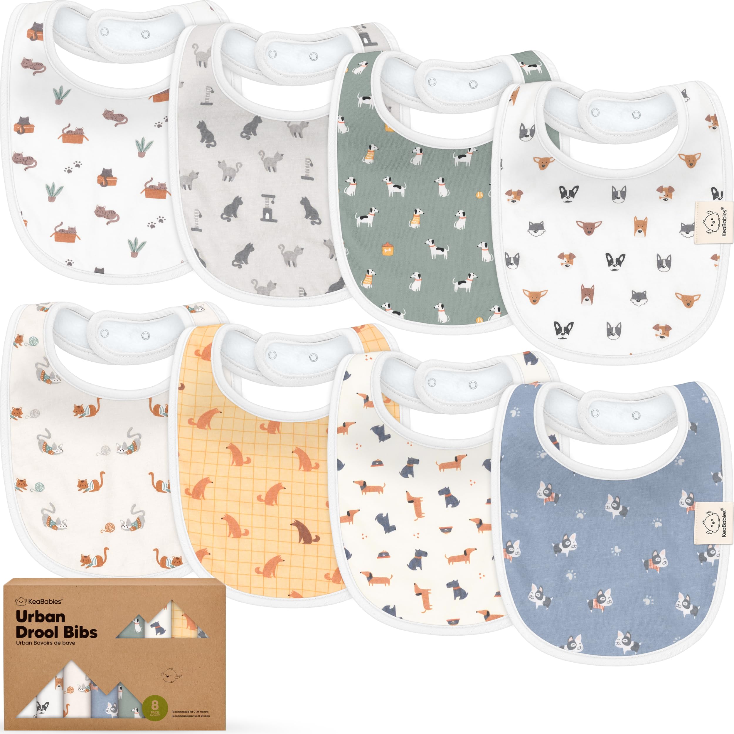 KeaBabies 8-Pack Organic Baby Bibs for Drooling and Teething (Pets & Paws)