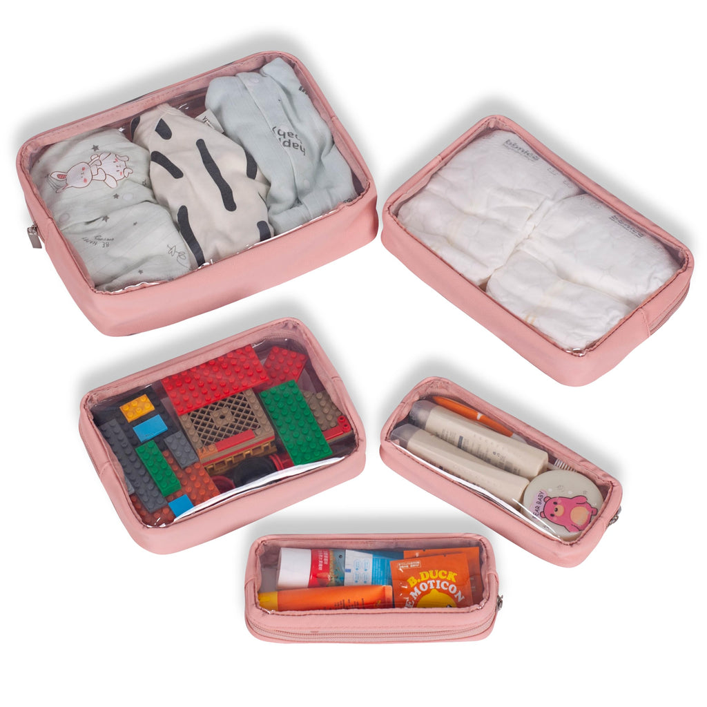 Remobia Hicol TSA Approved 5-Piece Diaper Bag Organizer Pouch Set Clear Waterproof TPU Kids Toiletry Storage Set Travel Packing Clutch Cube Bags for Baby Nursing (Pink Leather)