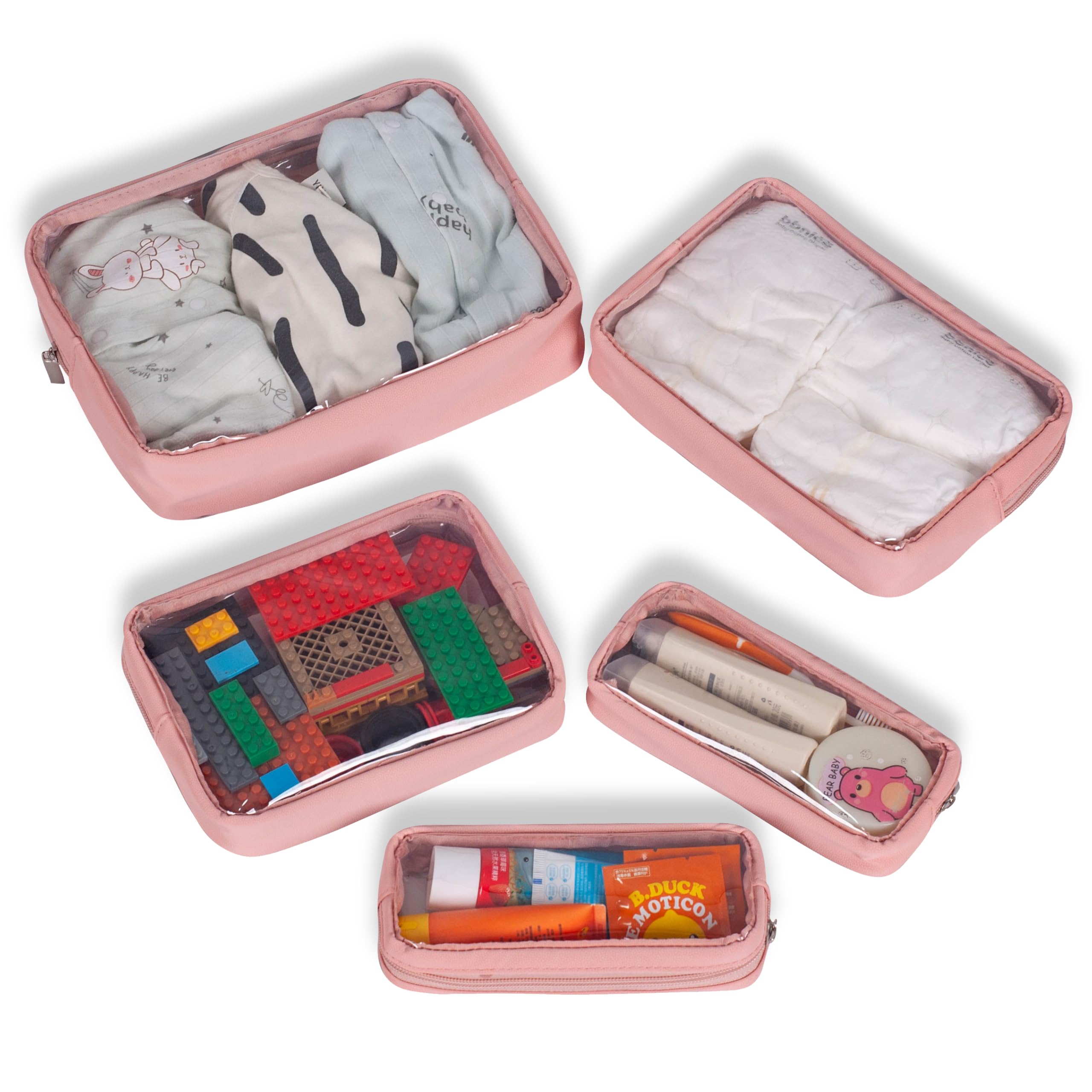 Remobia Hicol TSA Approved 5-Piece Diaper Bag Organizer Pouch Set Clear Waterproof TPU Kids Toiletry Storage Set Travel Packing Clutch Cube Bags for Baby Nursing (Pink Leather)