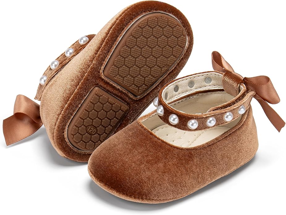 Baby Girls Mary Jane Flats - Infant Newborn Walking Shoes Soft Rubber Sole Princess Wedding