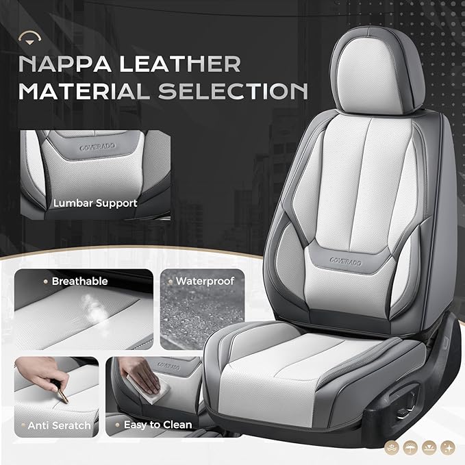 Coverado Car Seat Covers Full Set, Car Seat Protector Waterproof, Nappa Leather Car Seat Cushion, Seat Covers for Cars, Front Seats and Back Universal Fit for Most Cars