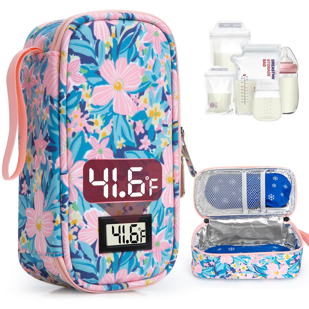 WIBOND Breast Milk Cooler Travel Bag, Real-Time Temperature Display, Holds 4-6 Breastmilk Storage Bag with 2 Breast Milk Ice Pack, Cooling & Waterproof Portable Cooler for Moms on the Go(Pink)